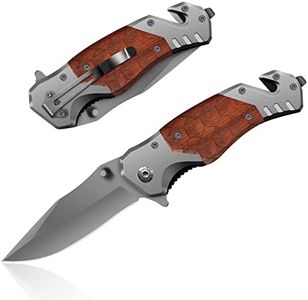 HONZIN Couteau Pliant 3 en 1 Couteau de Poche Multitool en Acier Inoxydable, Couteau de Survie de Camping (Manche en Bois)