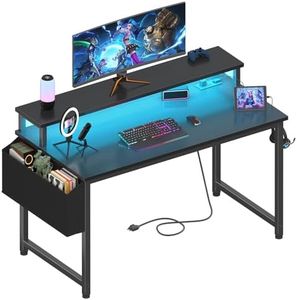 Lufeiya Gaming Desk with LED Lights and Power Outlets, 40 Inch Teen Writing Study Table Home Office Desks with Monitor Stand, Computer Desk with Charging Station, Black