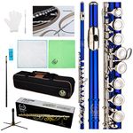 Rhythm C Flutes with Engraved Flower Closed Hole 16 Keys Flute For Student, Beginner with Cleaning Kit, Stand, Carrying Case, Gloves, Tuning Rod, Blue