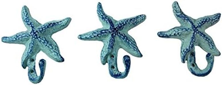 Starfish Cast Iron Wall Hooks Antique Blue - Set of 3 for Coats, Aprons, Hats, Towels, Pot Holders, More