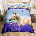 Castle Fairy Horse Purple Lavender Comforter Cover,Flowers Field Butterfly Duvet Cover for Girls Teens Bedroom Gift,Wild Animal Natural Floral Comforter Cover Decorative with 2 Pillowcases, Full Size