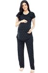 ZEYO Women's Cotton Heart Printed Navy Blue Maternity & Feeding Night Suit Set Of Pajama Set 5327, Medium