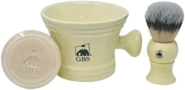 G.B.S Heavy Duty Ceramic Ivory Shaving Set - Mug with Knob Handle, Faux Ivory Handle Shaving Brush and Natural Shave Soap