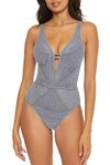 Becca by Rebecca Virtue Women's Standard Color Play One Piece Swimsuit, Plunge Neck, Crochet, Bathing Suits, Blu Shadow, Medium