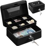 H&S Petty Cash Tin Steel Money Safe Box with Lock 2 Keys - Black