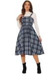 Allegra K Women's Plaid Overalls Vintage Sleeveless A-Line Overall Pinafore Dress Suspender Skirt Dark Blue S