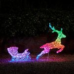 Lights4fun Twinkly Smart LED Outdoor Acrylic Light Up Reindeer and Sleigh Christmas Figure Mains Powered Garden Decoration with Timer 86cm