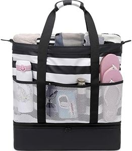 DSIUE Beach Bag with Cooler Waterproof Beach Bags for Women Large Sandproof Beach Tote Pool Bag for Beach Gym Travel, Black Stripes, Large
