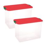 HOMZ 112-Quart Holiday Plastic Ornament Storage Container with Lids, Stackable Clear Box for Ornaments with Dividers, Red Lid, Green Latches, 2 Pack