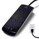 Philips 10 Outlet Power Strip Surge Protector, 2 USB Charging Ports, 6ft Long Power Cord, Flat Plug, Wall Mount, 2880 Joules, ETL Listed, Circuit Breaker, Automatic Shutdown, Black, SPP6710BC/37