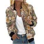 Mrat Jackets for Women UK Ladies Floral Coat Crew Neck Bomber Jacket with Pockets Full Zip Casual Jackets Ribbed Cuffs Daily Jacket Lightweight Boho Jackets Work Office Holiday Multicolor L