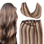 SURNEL 20inch Invisible Weft Hair Extensions with Double Weft Sew in Hair Extensions Real Remy Human Hair Medium Brown Higlight with Caramel Blonde Hair 100G(W#4P27,20)