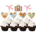 Unimall 24Pcs Traveling Airplane Cupcake Toppers Pink Heart Map Luggage Plane Cupcake Picks Travel Theme Baby Shower Birthday Party Cake Decors