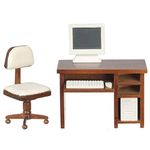 Dolls House Computer Walnut Desk & Chair Miniature Study Office Furniture Set