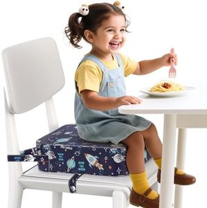 Toddler Booster Seat for Dining Table and Kitchen Chair – Adjustable Safety Straps, PU Leather, Non-Slip, Easy to Clean, Portable Travel Foam Booster Cushion for Kids & Toddlers（Blue-Rocket）