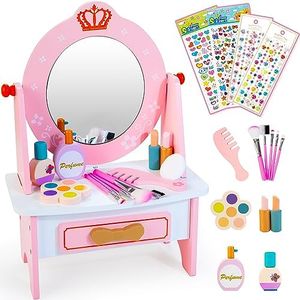 Wooden Vanity Set for Kids, Pretend Play Toddler Makeup Vanity with Acrylic Mirror, Beauty Salon Play Set for Little Girls Age 3+, Toys Gifts Includes Makeup Accessories and Bonus Stickers