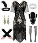 WILDPARTY 1920s Flapper Dress Sequin Beaded Dresses V Neck Lace Fringed Vintage Dresses Roaring 20s Accessories BlackGold