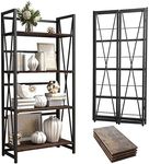 4 Tier Folding Bookshelf, Easily Assembled Bookcase Industrial Freestanding Multifunctional Decorative Storage Shelf, Rustic Vintage Wooden Metal Bookcase for Living Room Home Office