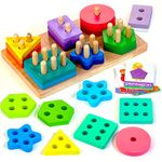 HELLOWOOD Montessori Educational Toys for 1 2 3 Years Old Toddlers Wooden Sorting and Stacking Board, 24pcs Shape Gradient Color Geometric Blocks Chunky Puzzles for 12+ Months Baby Boys Girls