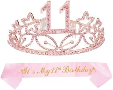 MEANT2TOBE 11th Birthday Sash and Tiara for Girls - Fabulous Glitter Sash + Stars Rhinestone Pink Premium Metal Tiara for Girls, 11th Birthday Gifts for Princess Party