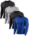 Celfaeree 4 Pack Compression Shirts Men Long Sleeve Workout Underhirts Athletic Running Base Layer Rash Guard T-Shirts Black/Gray/Black/Dark Blue L