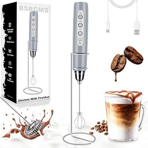 BSRGMS Milk Frother Handheld with Stand, Electric Whisk 3 Speed Adjustable, Drink Mixer with Stainless 3 Whisks, Rechargeable Hand Frother Wand, Foam Maker for Latte Cappuccino Matcha Egg Cement Gray