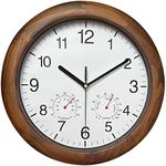 Reynoe Wooden Wall Clock with Temperature and Humidity, 12 Inch Brown, Large Numbers for Room Decor