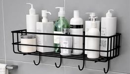 GREEMITO Bathroom Rack - Bathroom Shelves - Kitchen Storage – Multipurpose Rack Shampoo Holder With 4 hook - Adhesive Shower Caddy Metal Shelf Without Drilling (Black)