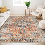 Guchuang Bedding Washable Rugs Living Room Area Rugs Orange Vintage Boho Rugs Large Non Slip Carpet Moroccan Rugs Short Pile Rugs for Bedroom Dining Room Kitchen Soft Faux Wool Rugs 160x230cm