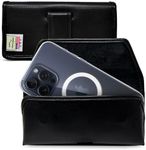 Turtleback Belt Holder for iPhone 16 Pro Max, 15 Pro Max, 14 Pro Max -Small- Fits w/Slim MagSafe Style Cases, Premium Black Leather Horiz. Belt Holster, Magnetic Closure, Leather Wrapped Clip