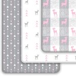 Grow Wild Mini Crib Sheet, Pack N Play Sheets | 100% Cotton Pack and Play Sheets, Fitted for Playard Mattress | Soft Jersey Crib Fitted Sheet and Ideal Pack N Play Sheet | Grey Pink Woodland Deer