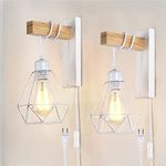 Plug in Wall Sconces 2 Pack White Farmhouse Wall Sconces Lighting Indoor Wall Lamp Plug in Wall Light Fixtures Wood Metal Cage Rustic Wall Sconces Lights Interior