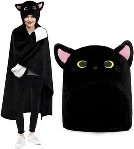 QAUJERY Cute Black Cat Blanket Hoodie, Wearable Hooded Blanket for Kids Adults, Super Soft and Warm Animal Blanket Hoodie, Machine Washable Birthday Christmas Blanket Gifts for Cat Lovers, Black Cat