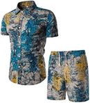 PASOK Men's Floral 2 Piece Tracksuit Casual Button Down Short Sleeve Hawaiian Shirt and Shorts Suit, Tz03, Medium