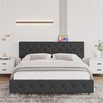 KIETLER Queen Size Bed Frame with USB Ports，Upholstered Platform with Adjustable Headboard, Strong Frame and Wooden Slats Support, Linen Fabric Wrap No Box Spring Needed, Easy Assembly, Dark Grey