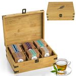 Zen Earth Inspired Bamboo Tea Organizer Box Chemical Free Eco-Friendly Big, Tall, Adjustable Cubbies Natural Wooden Storage Chest (6-Slot 11" x 8.1" x 4.2" with Tea Leaf design)