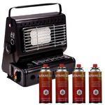 Trendi Portable Gas Heater For Outdoor Hiking, Fishing, Camping, Caravan & Skiing Trips - Safety Grill, Auto Ignition, Emergency, Carry Handle & Temp Control (Heater + 4 Gas Canister)