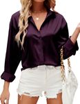 HANERDUN Women's Button Down Shirts Satin V Neck Long Sleeve Casual Work Blouse Tops with Pocket Silk Elegant Casual Tops Plain Button Front Work Shirt Business Evening Top Purple