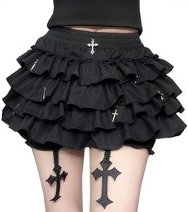 kakarin choyx Harajuku Gothic Mini Skirts for Women Y2K High Waisted Vintage Casual Cake Skirt with Shorts Underneath 4 Black