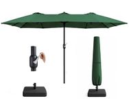 KEPLIN Double Garden Parasol with Base and Cover 4.5x2.7m – Extra Large Outdoor Patio Umbrella, 12 Steel Ribs, 180gsm Polyester Canopy, Crank Handle, Weather Resistant Shade, UV Protective, Green