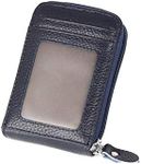 JIUFENG RFID Blocking Card Wallet Genuine Leather Credit Card Cases Cowhide Zipper Coin Purses for Women Men (Dark Blue)