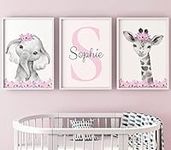 Safari Animals Girls Nursery Bedroom Unframed Set of 3 Poster Prints, Personalised Name Pink or Purple Flowers Wall Art Decor New Baby Gift Present, Elephant Giraffe Panda Zebra Lion (A4)