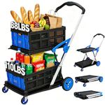 Goyappin Multifunctional Folding Cart with Wheels,Two Layers Collapsible Shopping Cart Heavy Duty Utility Cart for Groceries,Office,Warehouse and Supermarket (with 2 Crates)