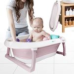 BABYHOP Foldable Baby Bath Tub with Support Cushion & Water Temperature Display for 0-3 Year Kid, Infant (Pink)