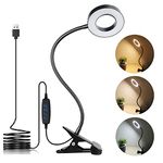 LuxLumin LED Desk Lamp with Clamp for Video Conference Lighting, USB Light for Laptop Zoom Meetings, Clip on LED Ring Light for Computer Webcam Lighting with 10 Brightness and 3 Color Dimmable Black