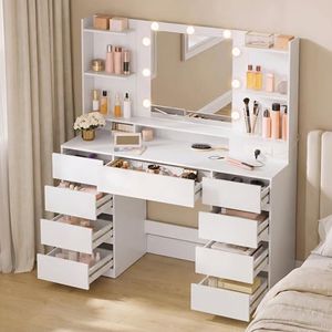 VASAGLE KAILYN Collection - Vanity Desk with Mirror and 9 LED Bulbs, Modern Vanity Makeup Table with Power Outlets, Dressing Table with 9 Drawers, for Bedroom, Cloud White URDT141WB01S