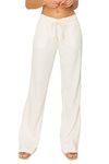 Cali1850 Women's Casual Linen Pants - 32" Inseam Oceanside Drawstring Smocked Waist Lounge Beach Trousers with Pockets, Oatmeal, Large