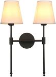 Buyee Classic Rustic Double Sconce 2-Lights Wall Sconce Lighting Fixture with Flared White Textile Lamp Shade and and Black Finished Long Arm,Wall Sconce Light Fixture for Bathroom Bedroom Bedside