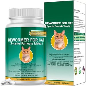 Bingbrofam Cat & Kitten Dewormer for All Wormers, Pyrantel Pamoate, Roundworms & Hookworms, 50 Tablets
