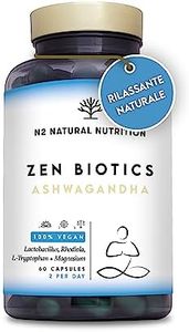 Complesso di Ashwagandha con Probiotici, Triptofano, Magnesio, Rodiola e Tè Verde. 60 capsule. Sonno profondo, Benessere generale, Energia, Concentrazione. Vegano. CE. N2 Natural Nutrition